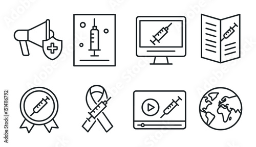 Vaccine awareness line icons set – outline style, immunization and health symbols