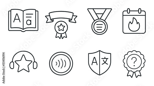 Language learning linear icons set – outline, education and badge symbols