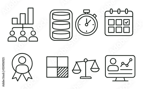 Resource management linear icons set – outline, planning and organization symbols
