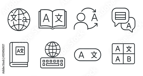 Multilingual practice icons set – line, translation, language learning symbols