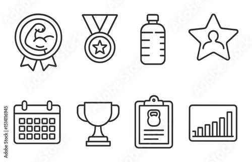 Fitness and achievement outline icons set – silhouette, health and success symbols
