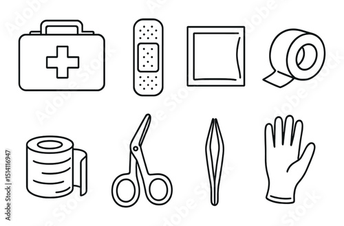 Basic first aid kit outline icons set – medical supplies, emergency health signs