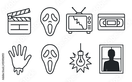 Horror movie icon set – outline, spooky symbols and thriller graphics for fright fans