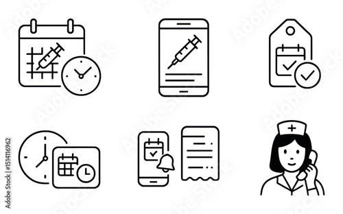 Vaccination scheduling outline icons set – healthcare, appointment and reminder symbols
