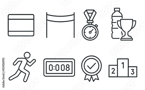 Marathon victory line icons set – achievement, competition and race-related symbols