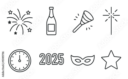 New year celebration silhouette icons set – festive, party and 2025 countdown symbols