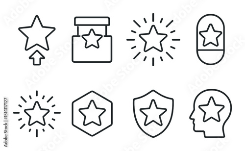 Gaming stars linear icons set – outline, achievement and reward badge symbols