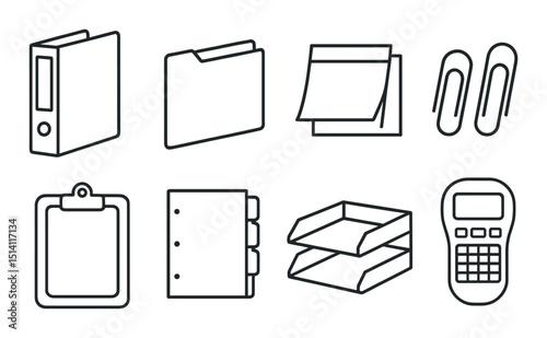 Office supplies silhouette icons set – outline, stationery and desk essentials graphics