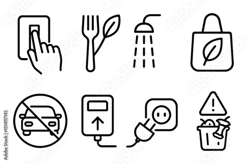 Eco-friendly line icons set – outline, sustainable and green living symbols