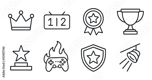Esports champion line icons set – outline, gaming and victory symbols