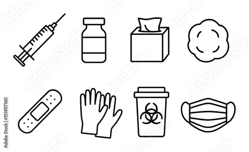 Vaccination tools outline icons set – medical, healthcare, immunization graphics