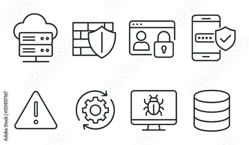 It security outline icons set – cybersecurity, protection, network safety graphics