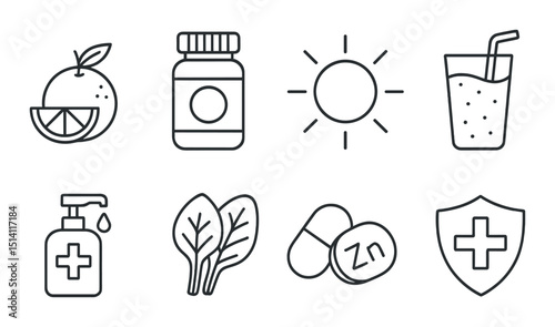 Immunity boosting outline icons set – health, wellness and protection symbols