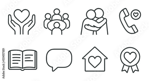Emotional support line icons set – outline, mental health, and counseling symbols