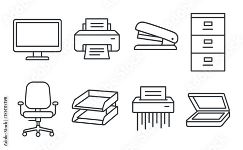 Office equipment outline icons set – silhouette, workplace and business symbols