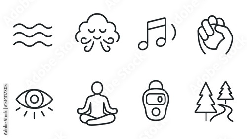 Emergency and relaxation outline icons set – silhouette, calming and urgent symbols
