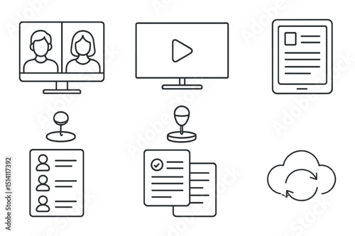 Hybrid meeting outline icons set – linear, virtual communication and collaboration symbols
