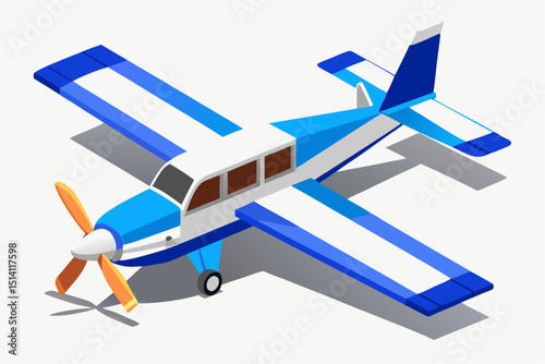 Isometric view of a blue and white propeller airplane