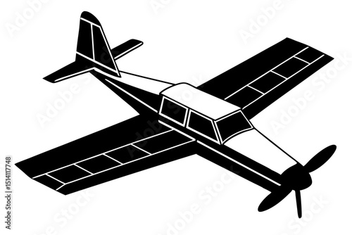 Single engine airplane top view black and white illustration