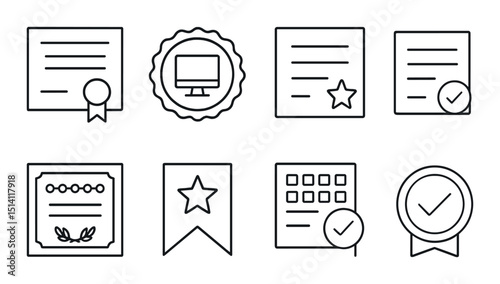 Online certificate linear icons set – outline, diploma and certification symbols