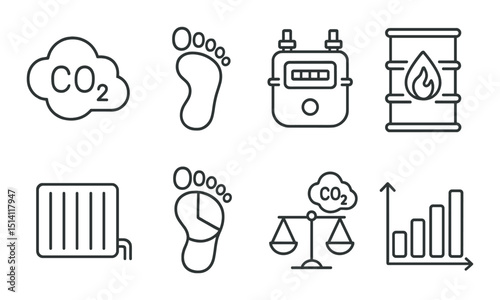Carbon footprint outline icons set – simple, eco-friendly, sustainable design symbols
