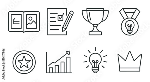 Creative achievement icons set – outline, success and goal symbols for productivity
