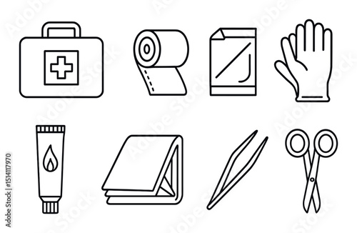 First aid essentials icons set – outline, emergency, healthcare, medical tools symbols