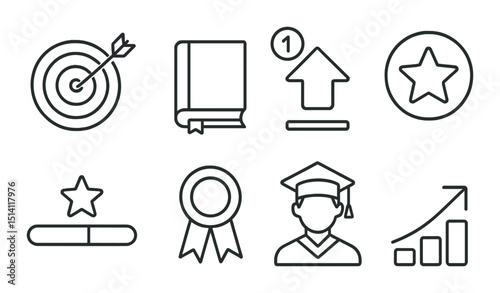 Learning progress linear icons set – outline, education and achievement symbols