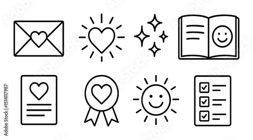 Gratitude and joy icons set – line, happiness, thankfulness symbols for positive vibes