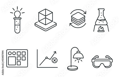 Innovation lab outline icons set – experimentation, research and analysis graphics