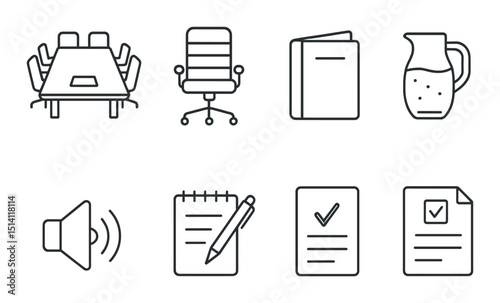 Boardroom meeting essentials icons set – outline, office and corporate symbols