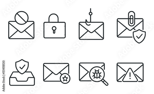 Email security line icons set – outline, protection and communication safety graphics