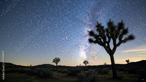 Starry Night in the Desert: Majestic Joshua trees stand silhouetted against the backdrop of a vibrant Milky Way galaxy.