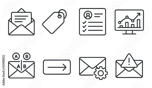 Email campaign linear icons set – outline, digital marketing and communication symbols