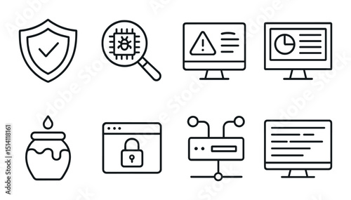 Cybersecurity tools outline icons set – simple, protection and security symbols