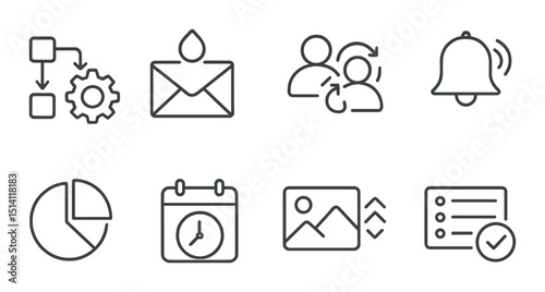 Marketing automation line icons set – outline, messaging, data optimization symbols