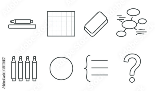 Whiteboard linear icons set – outline, brainstorming and planning symbol collection