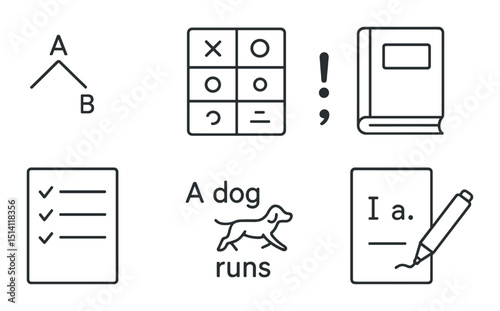 Grammar learning linear icons set – outline, writing and education symbols