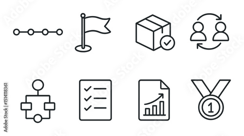 Project management silhouette icons set – workflow, planning, task management symbols