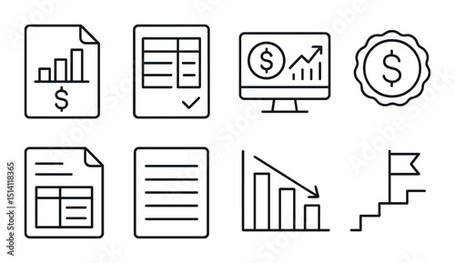 Financial tracking outline icons set – simple, budget and analytics symbols