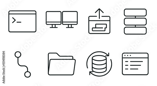 Full stack tools linear icons set – outline, coding, and software development symbols
