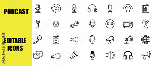 Collection of podcasting and audio equipment themed icons