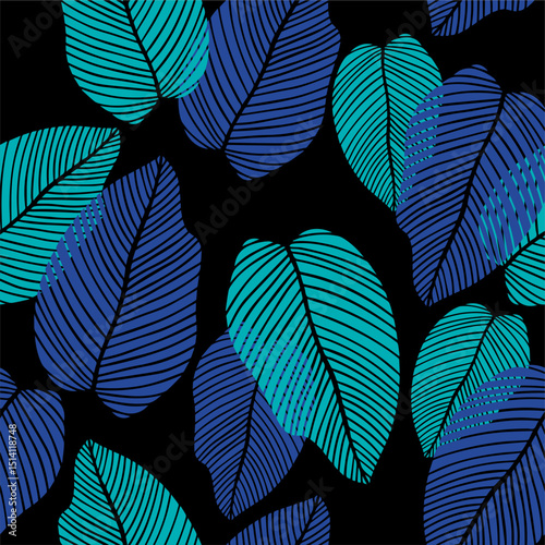 Floral seamless pattern of tropical leaves in flat style