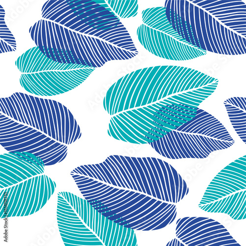 Floral seamless pattern of tropical leaves in flat style