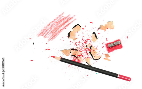 Fototapeta Naklejka Na Ścianę i Meble -  wooden crayons with plastic red sharpener and shavings isolated on white, top view