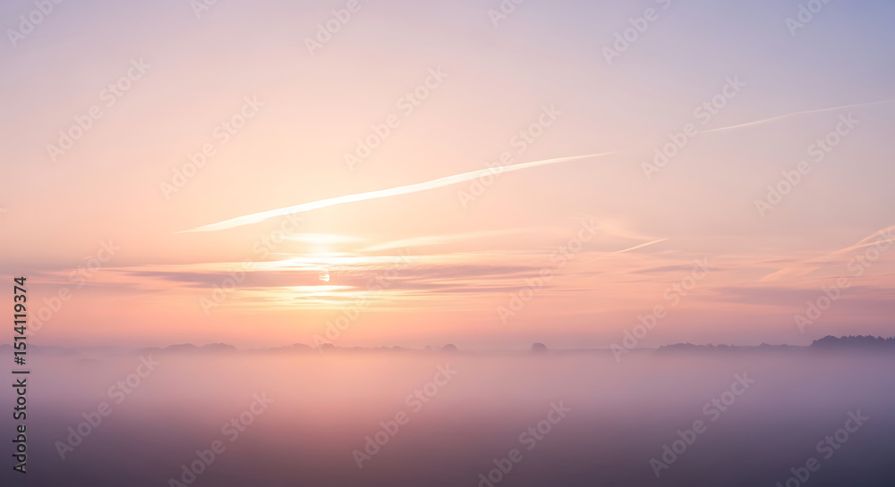 Naklejka premium Soft hues of pink and orange fill the sky as the sun rises above the horizon, casting light on a foggy landscape. The tranquil scene evokes a sense of peace and solitude in the early morning.
