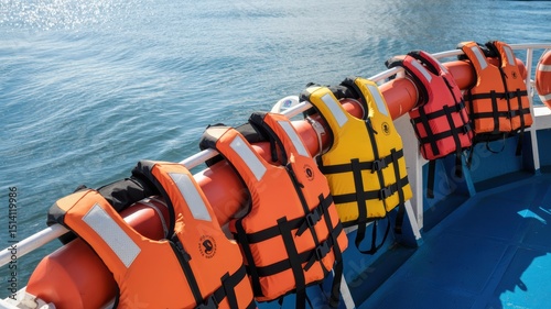 Bright orange and red life jackets secured on boat rail overlooking water