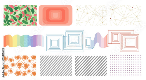 Assorted patterns including leaves, squares, lines, and starbursts arranged in a grid format image design