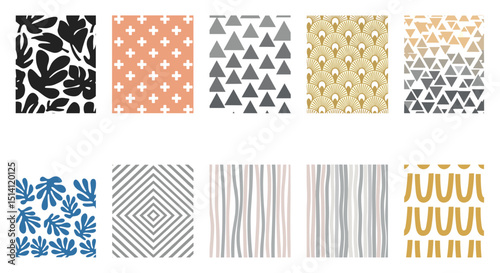 Collection of ten abstract patterns featuring leaves, triangles, lines, and geometric shapes arranged vertically