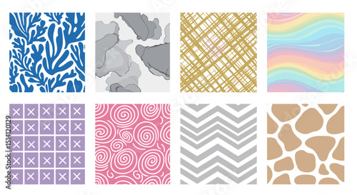 Collection of eight abstract patterns featuring diverse designs and color schemes in a grid layout format